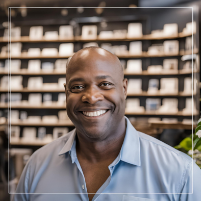 Close-up portrait of David Thompson, a dedicated and successful small business owner. His warm smile reflects his commitment to customer satisfaction and leadership in the business world.