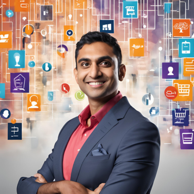 Headshot of Michael Patel, a confident and successful e-commerce entrepreneur. He exudes determination and professionalism with a warm smile. Michael's expertise in the e-commerce industry is evident, reflected in his demeanor. The background features digital storefronts and online symbols, highlighting his entrepreneurial spirit and achievements.